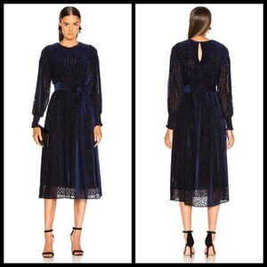 💕THE GREAT💕 The Merry Dress ~ Navy Blue Velvet Burnout Polka Dot Midi M NWT